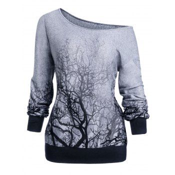 

Halloween Skew Neck 3D Tree Print Sweatshirt, Gray
