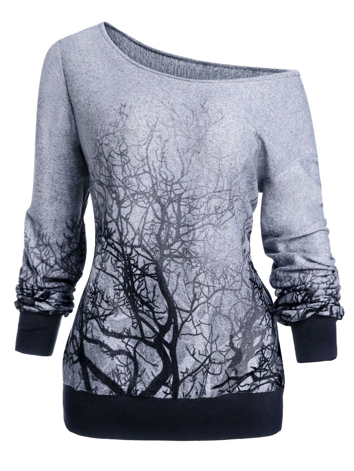 Halloween Skew Neck 3D Tree Print Sweatshirt - GRAY L