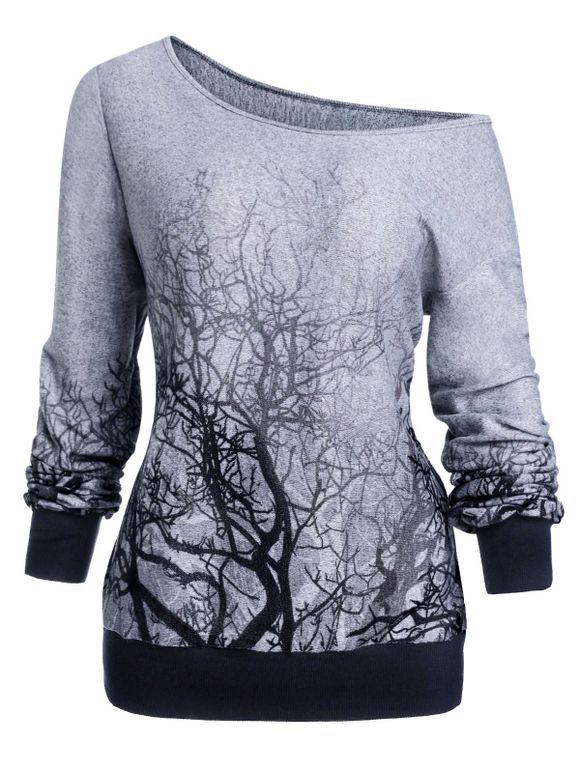 Sweatshirt Gothique d'Halloween 3D Arbre Imprimé à Col Oblique - Gris S