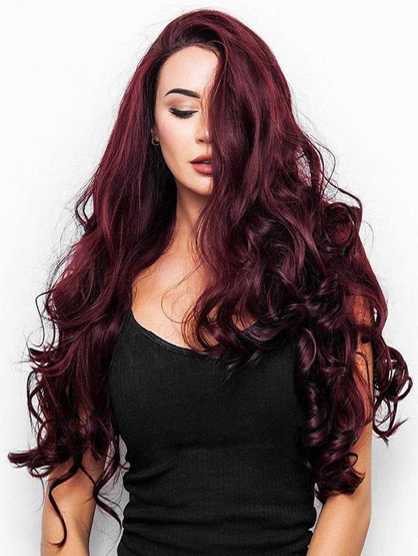 Long Body Wave Synthetic Side Part Wig - RED WINE 24INCH