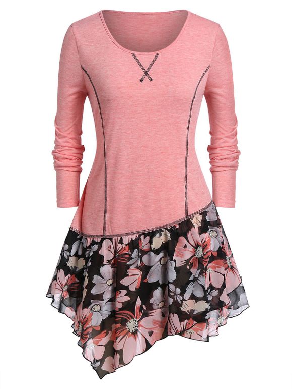 T-Shirt Fleuri Imprimé à Ourlet Asymétrique Grande Taille - Rose 5X