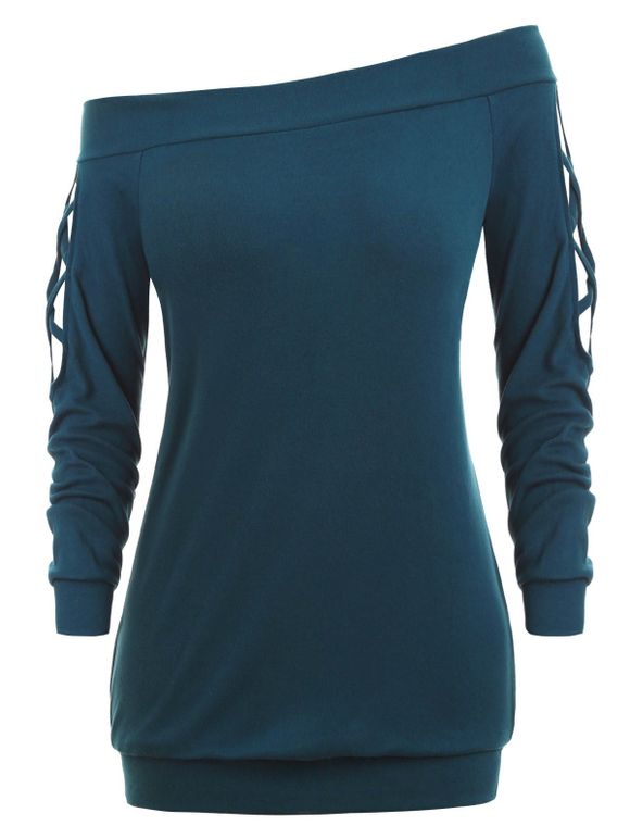 Sweat-shirt Découpé à Epaule Dénudée de Grande Taille en Treillis - Bleu Verdâtre M