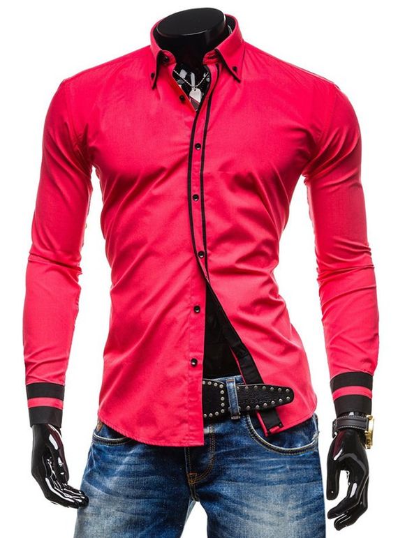 Chemise Boutonnée en Couleur Jointive à Manches Longues - Rouge XS