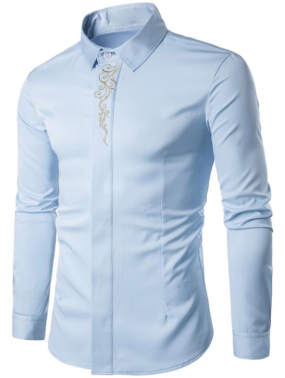 Chemise Baroque Brodée Boutonnée à Manches Longues - Bleu clair L