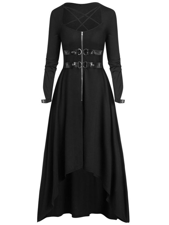 Robe d'Halloween Longue Zippée Bouclée Haute Basse Grande Taille - Noir 5X