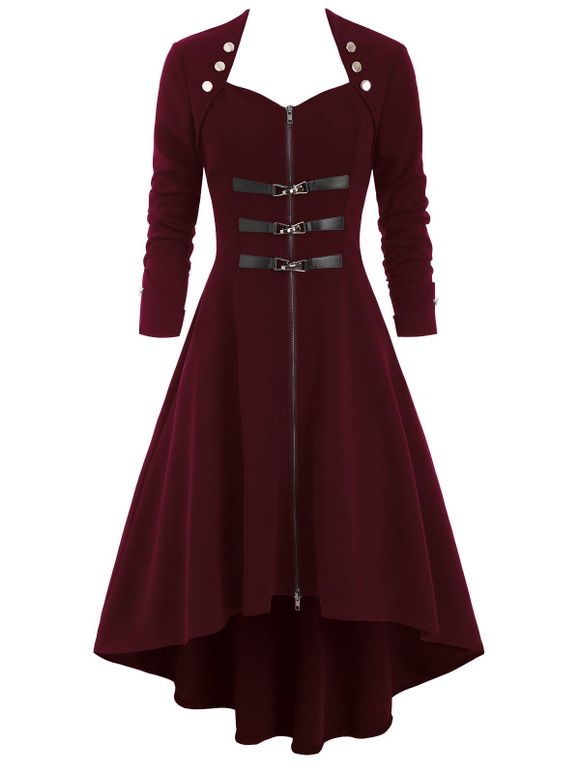 Manteau Trench Haut Bas Gothique Embelli de Bouton - Rouge Vineux 3XL