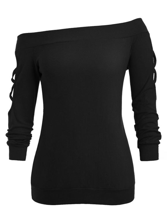 Sweat-shirt Découpé à Epaule Dénudée de Grande Taille en Treillis - Noir 2X