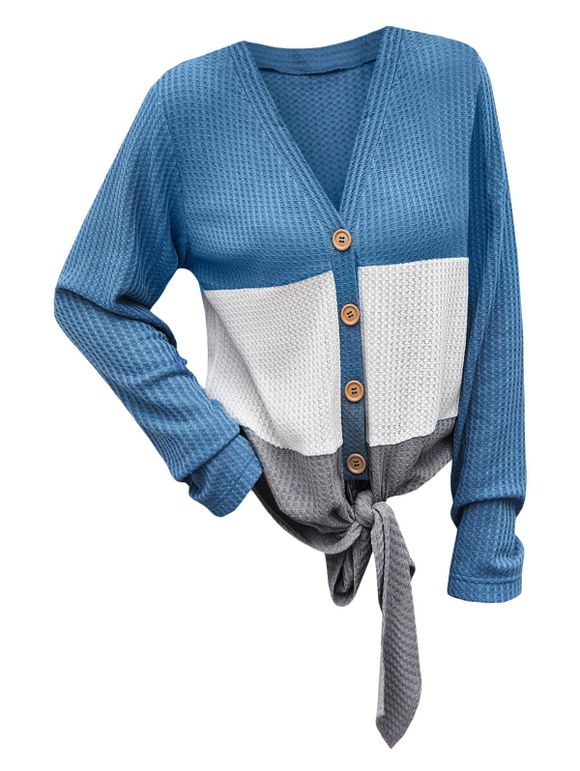 Tie Button Up Color Block Cardigan - SILK BLUE 2XL