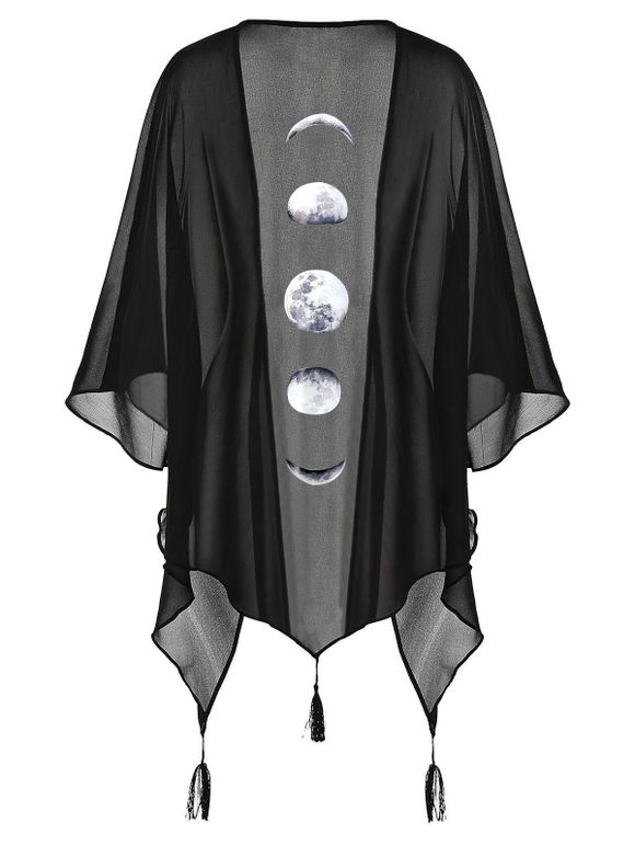 Chemise Kimono Asymétrique d'Halloween Eclipse de Lune Imprimée Grande Taille à Frange - Noir 1X