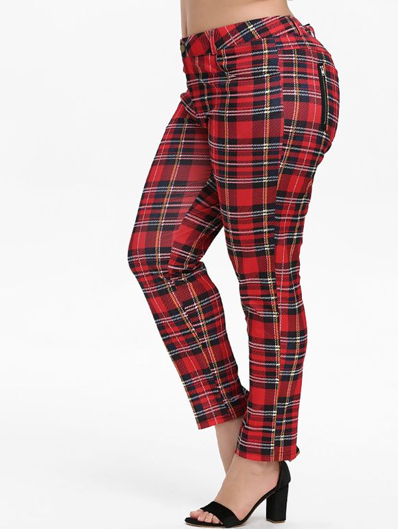 Zippered Pockets Plaid Skinny Plus Size Pants - RED 1X