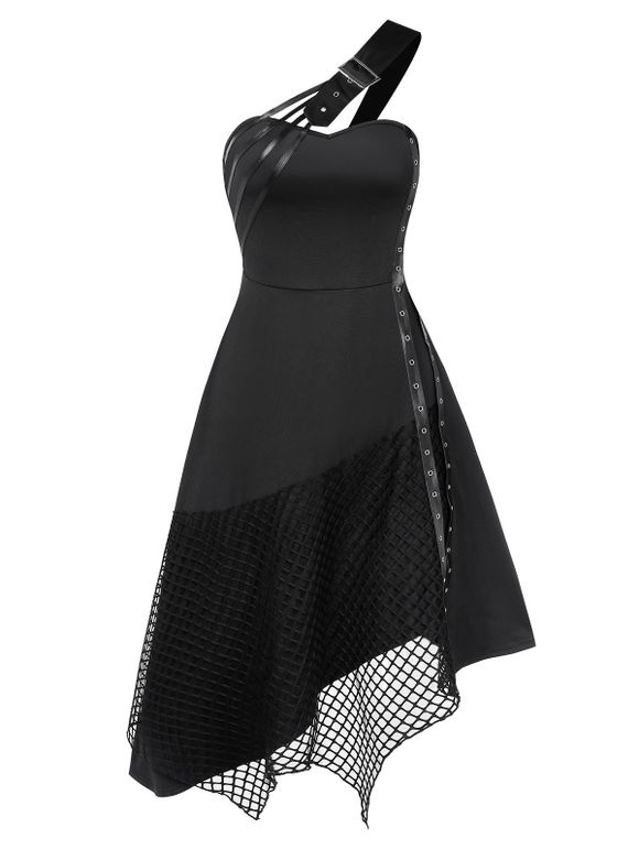 Robe d'Halloween Gothique Bouclée en Résille Insérée à Une Epaule - Noir XL