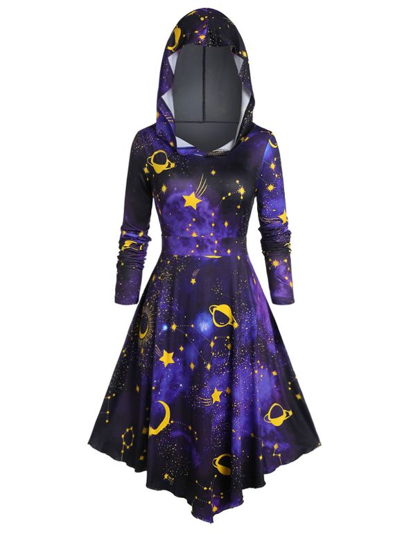 Robe à Capuche d'Halloween Mi-Longue 3D Galaxie Imprimée Grande Taille - Noir 2X