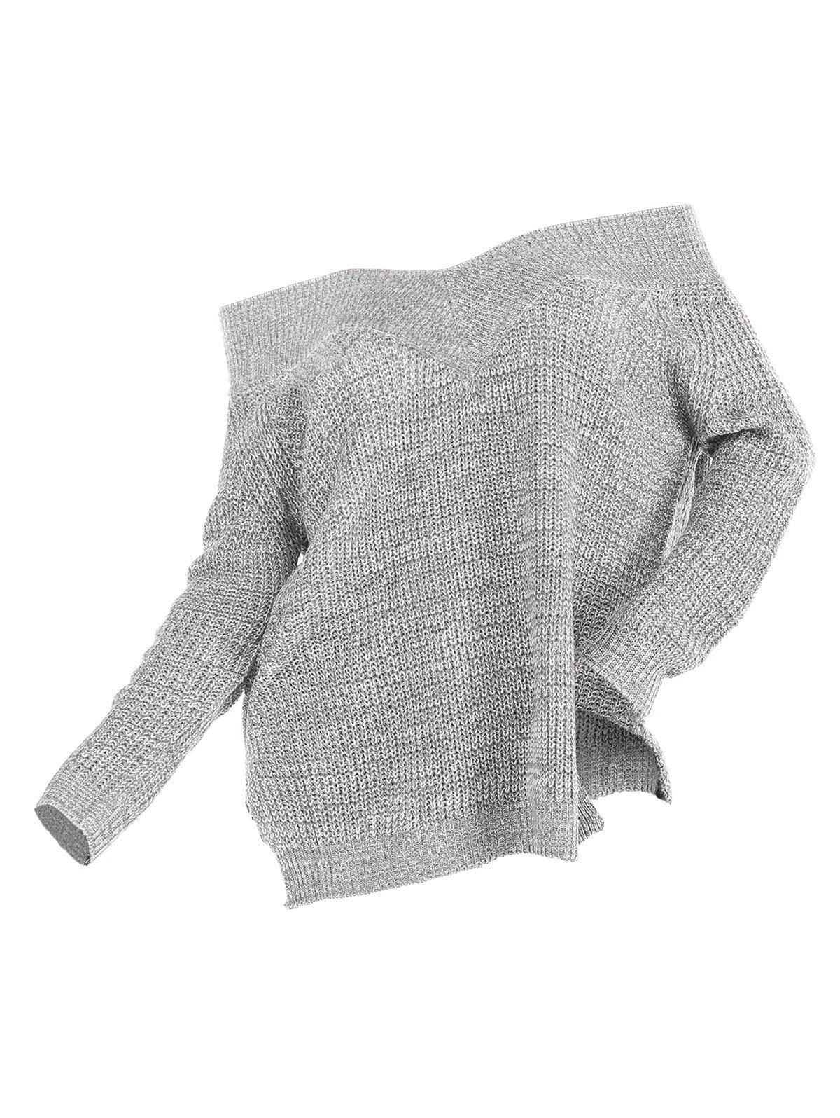 Off Shoulder Slit Jumper Sweater - GRAY XL