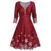 Robe Ligne A Boutonnée à Imprimé Neige à Manches Longues - Rouge Vineux 3XL