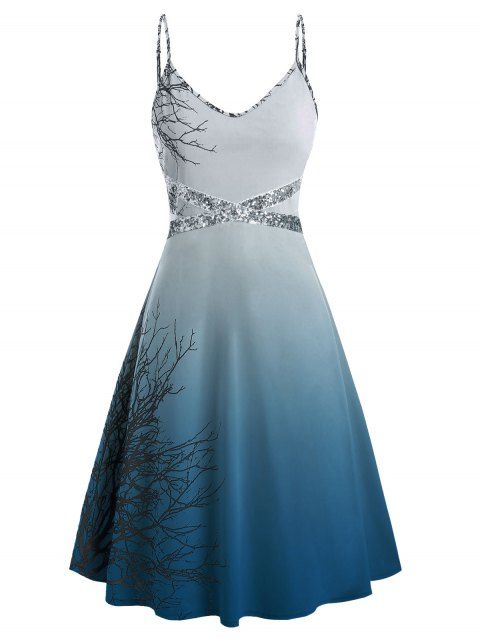 Plus Size Spaghetti Strap Tree Print Sequin Halloween Dress - MIDNIGHT BLUE L