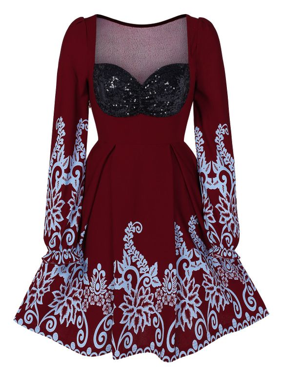 High Waist A Line Sequined Dress - RED WINE M
