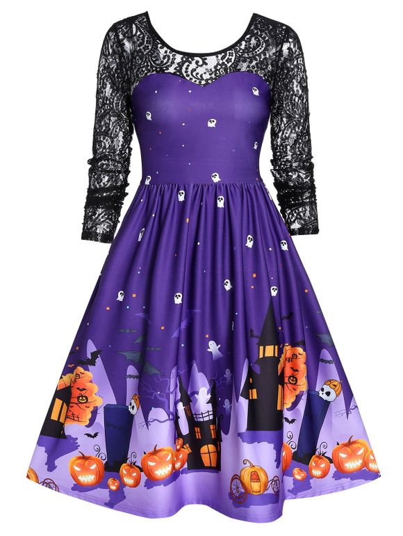 Robe de Soirée Trapèze Vintage d'Halloween à Manches en Dentelle - Violet Améthyste 2XL