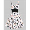 Robe d'Halloween Ligne A Boutonnée à Imprimé Chat à Taille Haute à Col en Cœur - Blanc M