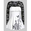 T-shirt Tunique Fleur et Papillon Imprimés Panneau en Dentelle Grande Taille à Volants - Noir L