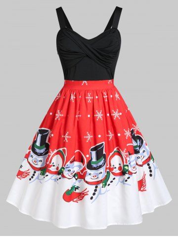 Plus Size Front Twist Snowman Print Christmas Vintage Dress