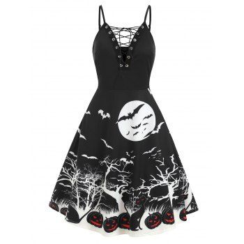 

Lace Up Pumpkin Bat Halloween Cami Dress, Black