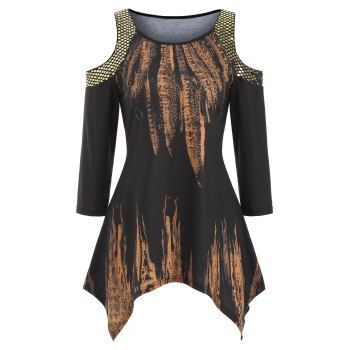 

Handkerchief Sequined Cold Shoulder Feather Print Top, Black