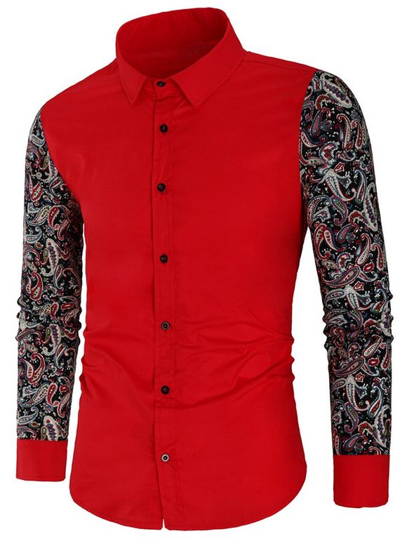 Chemise Vintage Fleurie Jointive Imprimée à Manches Longues - Rouge Lave 2XL