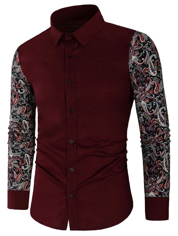 Chemise Vintage Fleurie Jointive Imprimée à Manches Longues - Rouge Vineux 2XL