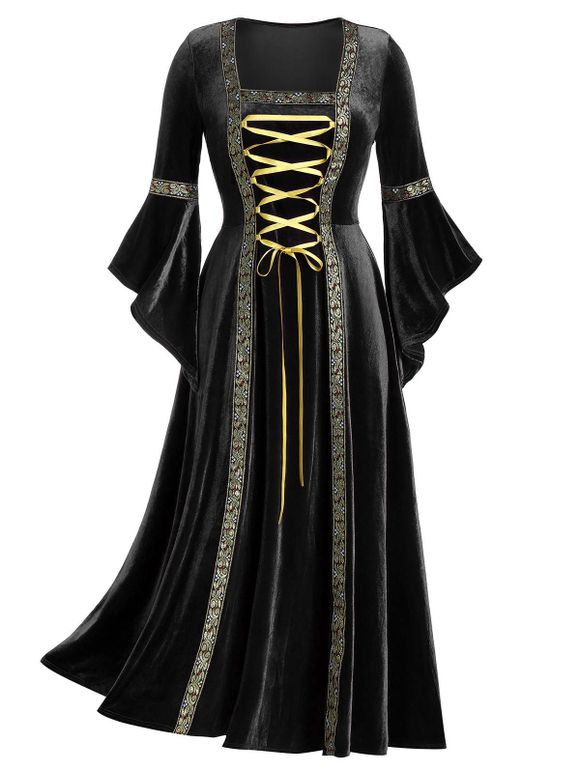 Robe maxi gothique en velours laçage grande taille - Noir L