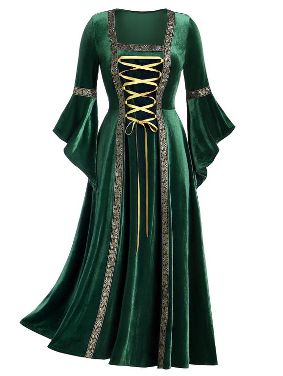 Robe maxi gothique en velours laçage grande taille - Vert profond 1X