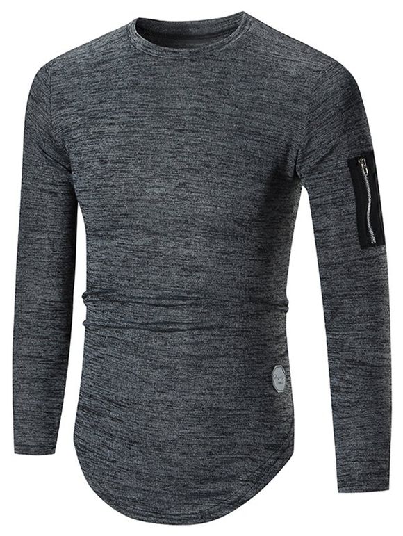 T-shirt Zippé en Couleur Unie à Ourlet Courbe avec Poche - Gris Foncé XL