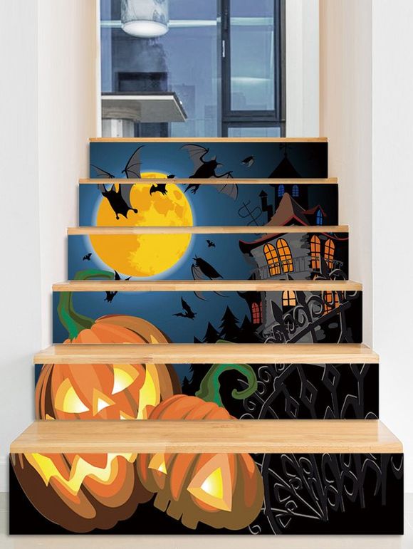 Autocollants d'Escaliers d'Halloween Amovibles Citrouilles dans la Nuit de Pleine Lune Imprimés - multicolor A 6PCS X 39 X 7 INCH( NO FRAME )