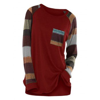 

Striped Raglan Sleeve Pocket Longline T-shirt, Red wine