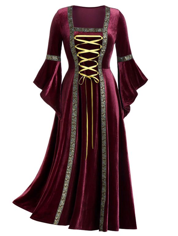 Robe maxi gothique en velours laçage grande taille - Rouge Vineux L
