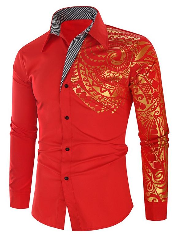 Chemise Motif de Totem à Carreaux Imprimé à Manches Longues - Rouge Rubis XL