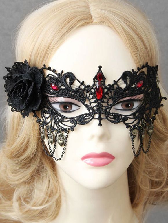 Masque d'Halloween Demi-visage Fleurie Evidé Cœur Pendant - Noir 