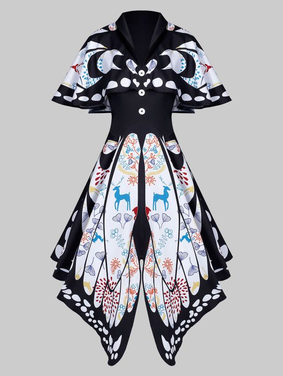 Robe Asymétrique Papillon Imprimé à Col Châle - Blanc 3XL