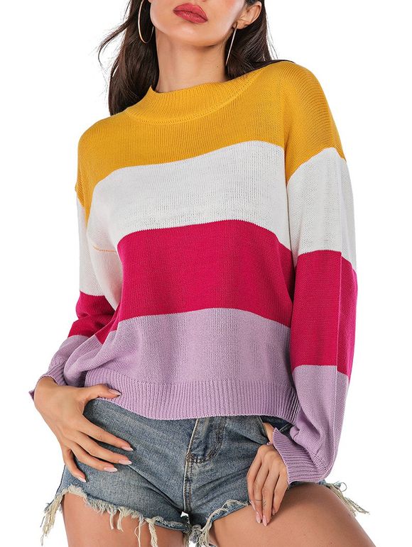 Drop Shoulder Color Block Loose Sweater - multicolor A XL