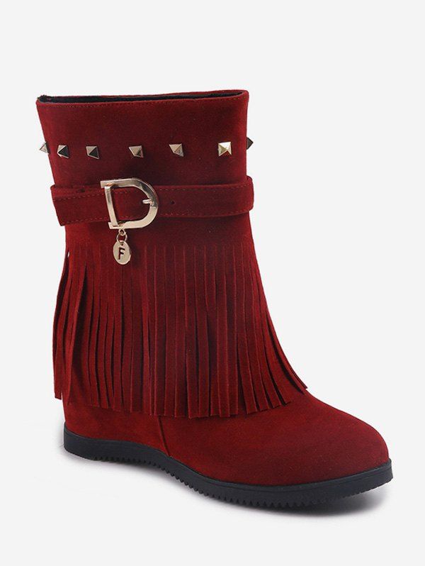 [38% OFF] 2019 Hidden Heel Fringed Rivet Mid Calf Boots In RED WINE | DressLily