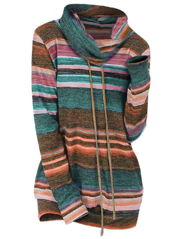 Striped Cowl Neck Drawstring Knitwear - MEDIUM AQUAMARINE 2XL