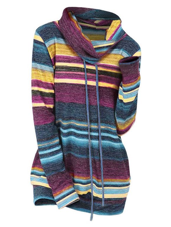Striped Cowl Neck Drawstring Knitwear - DEEP BLUE XL