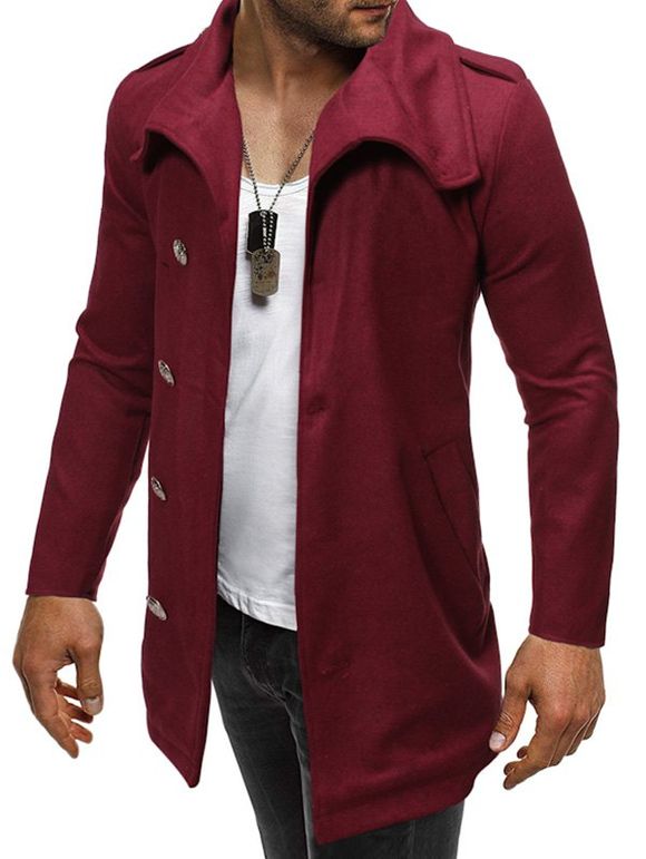 Manteau en Couleur Unie à Ourlet Zippé en Laine - Rouge Vineux XL