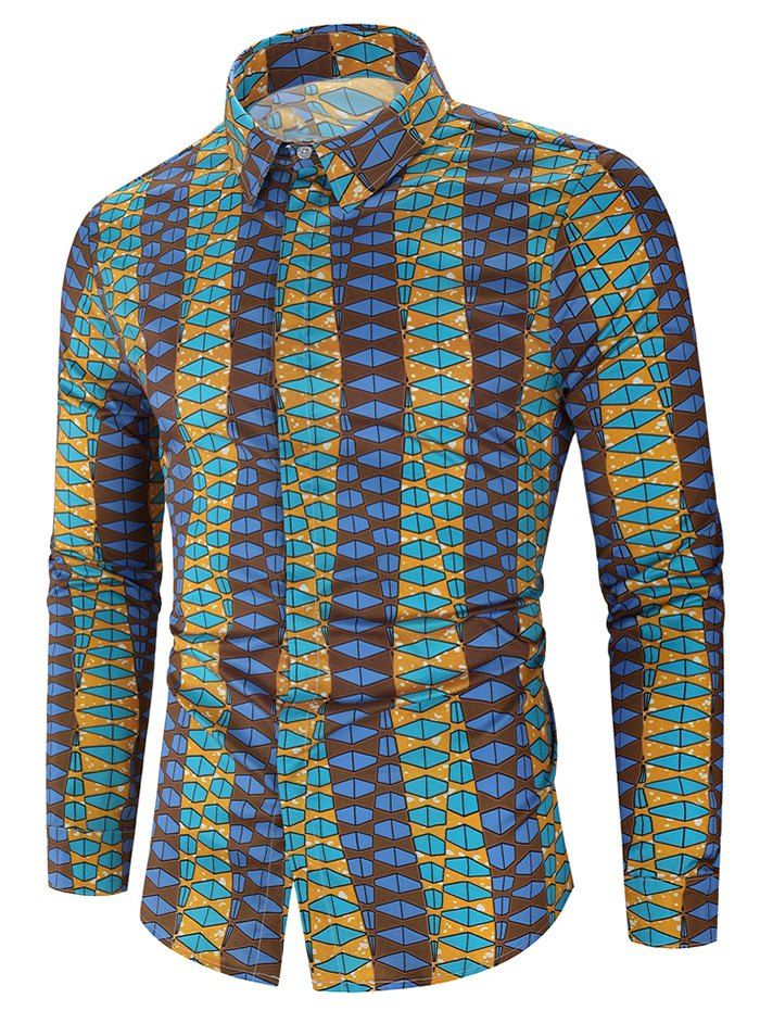

Long Sleeve Geometric Graphic Print Curved Hem Shirt, Multi