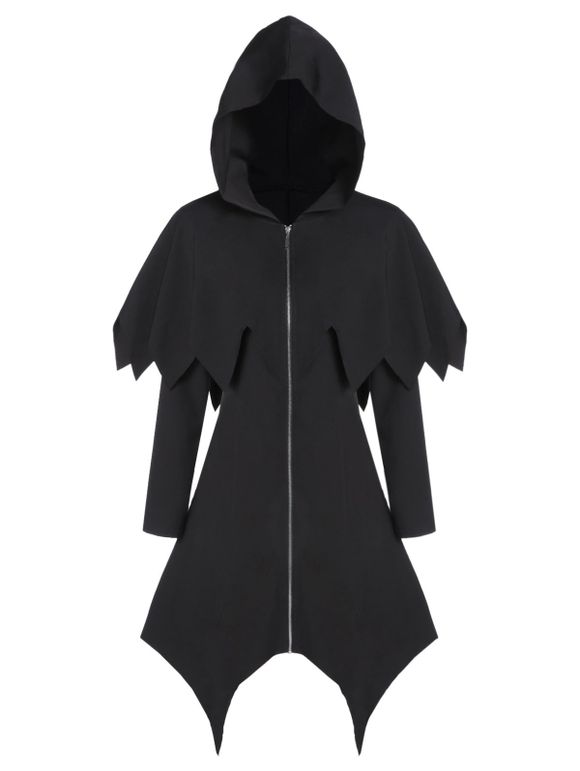 Manteau à Capuche Mouchoir Asymétrique Gothique Zippé - Noir XL