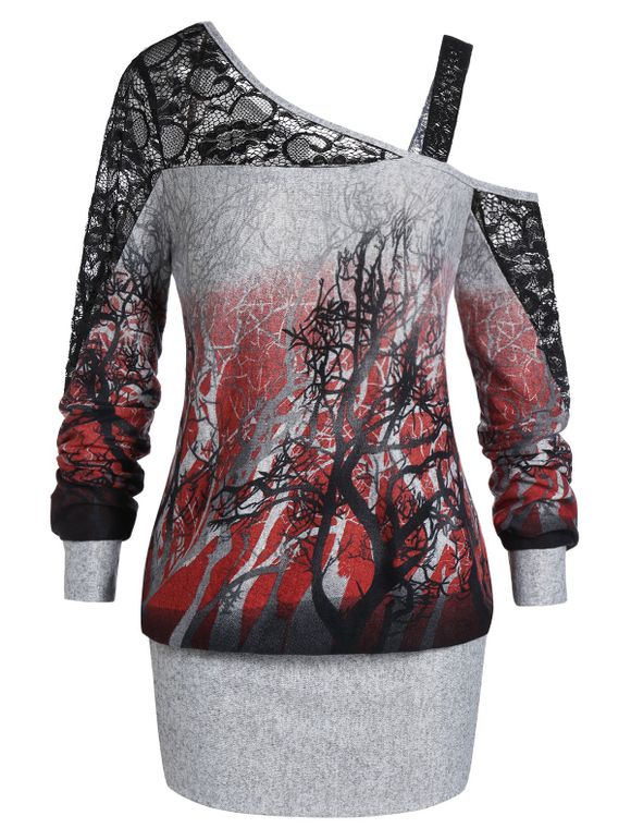 Sweat-shirt d'Halloween Ombré Arbre Imprimé de Grande Taille à Col Oblique - Gris Ardoise Foncé 3X