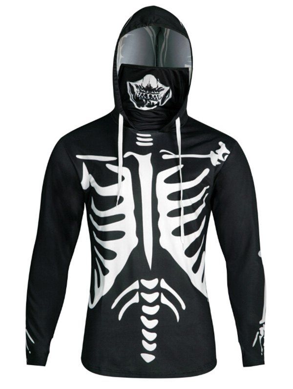 [45 OFF] 2019 Halloween Skeleton Print Finger Hole Skull Mask Hoodie