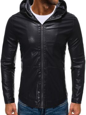 Solid Color False Leather Hooded Jacket