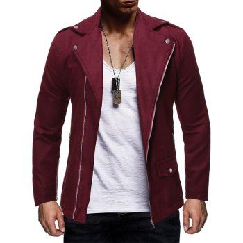 

Oblique Zipper Design Solid Color Wool Jacket, Red wine