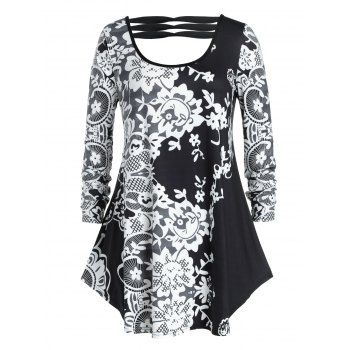 

Plus Size Asymmetrical Floral Cut Out T Shirt, Black