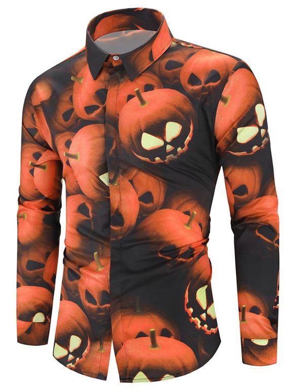 Chemise d'Halloween Boutonnée Citrouille Imprimée à Manches Longues - multicolor 2XL